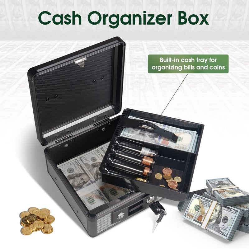 Small Cash Box with Key Lock & Removable Tray, Compact Money Storage Safe