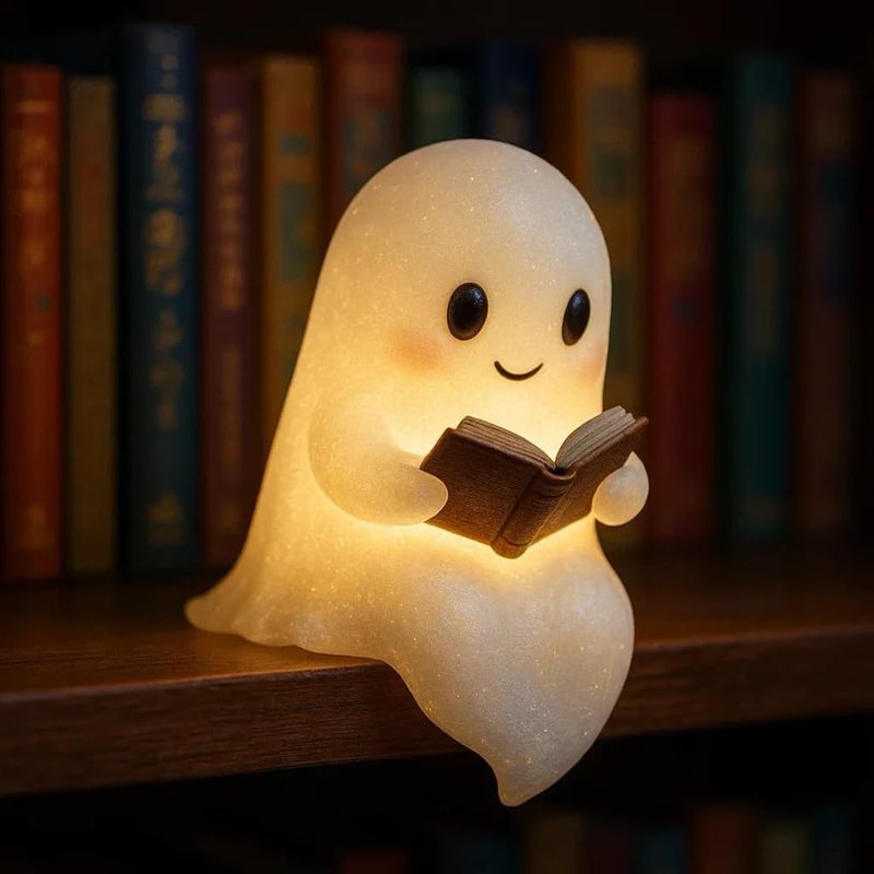 Ghost Reading Book Lamp - Light Up Ghost Statue Night Light for Home & Christmas Decor