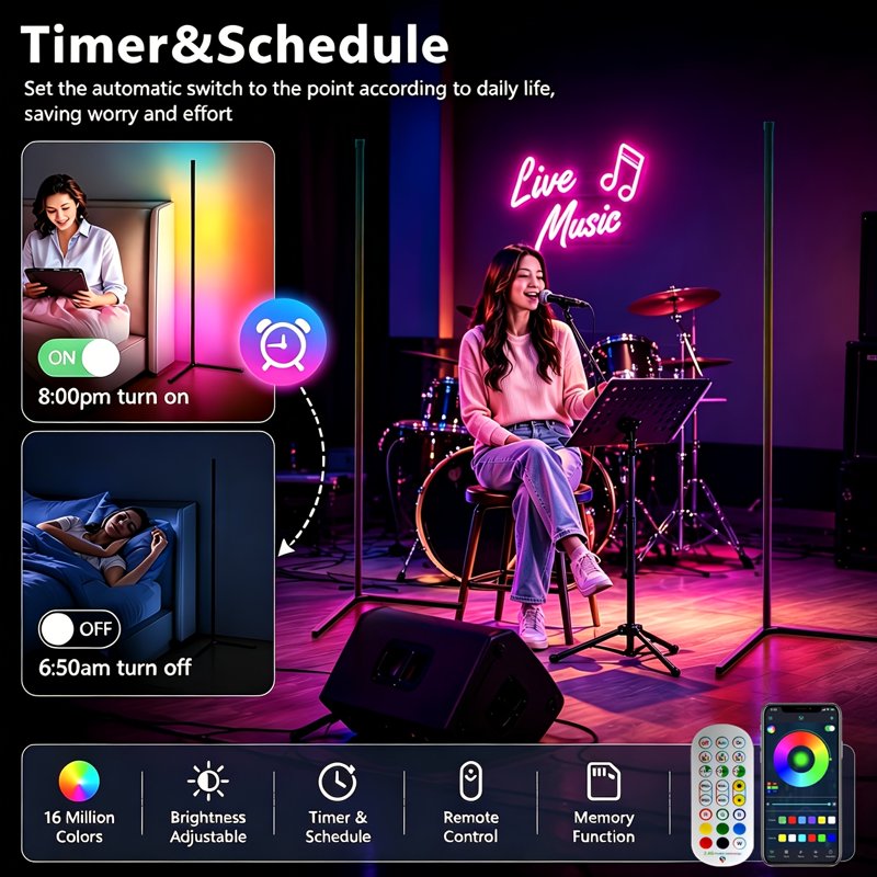 56 Inch RGB Smart Floor Lamp with Remote App Control Music Sync Timer Modern Lighting