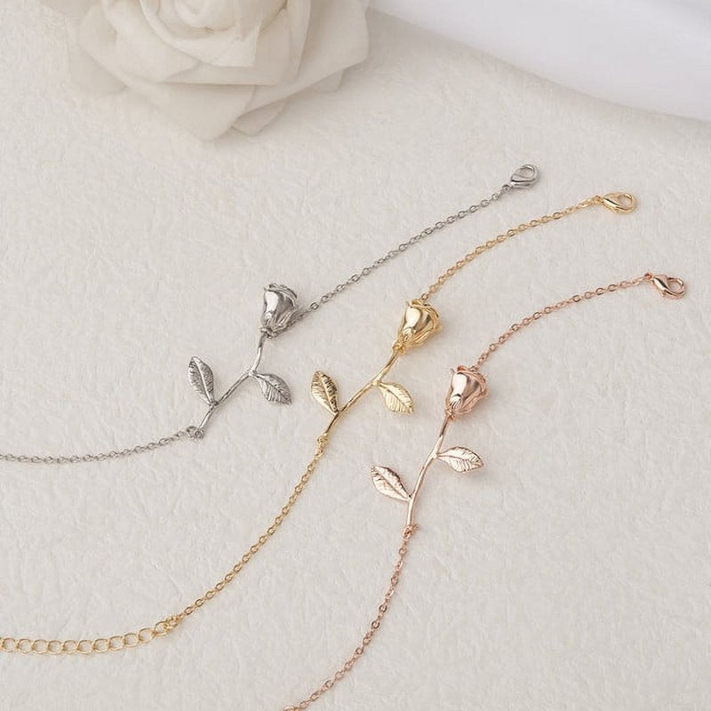 Gold Brass Rose Flower Bracelet Jewelry for Women - Valentine's Day Gift Set