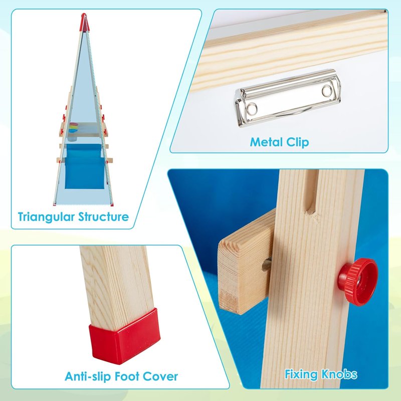 Kids Wooden Art Easel with Magnetic Chalkboard Whiteboard & Paper Roll - Height Adjustable & Storage