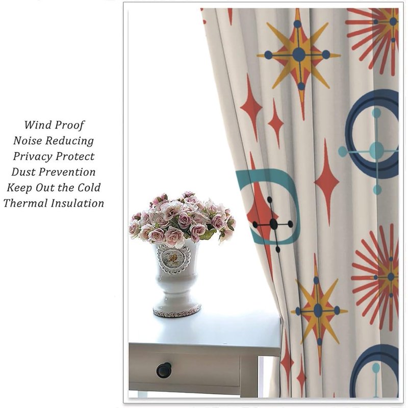 Retro 50s Geometric Star Pattern Curtains - Thermal Insulated Window Drapes, 2 Panel Sets