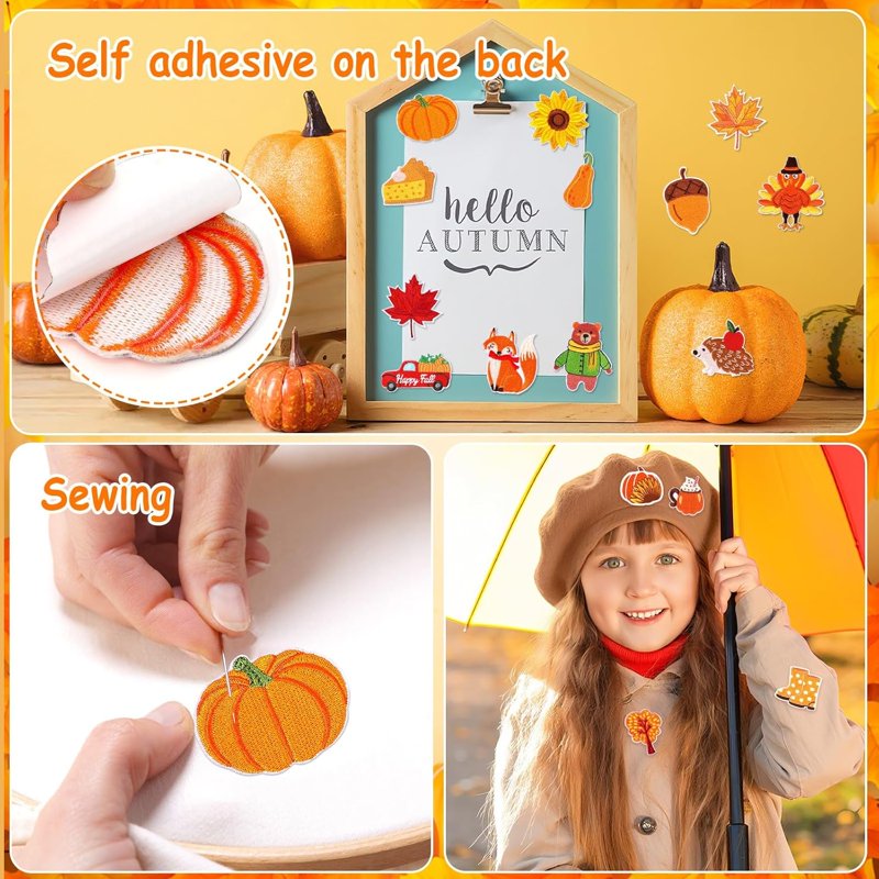 60 Pcs Fall Autumn Embroidered Iron-On Patches Assorted Thanksgiving Decorations