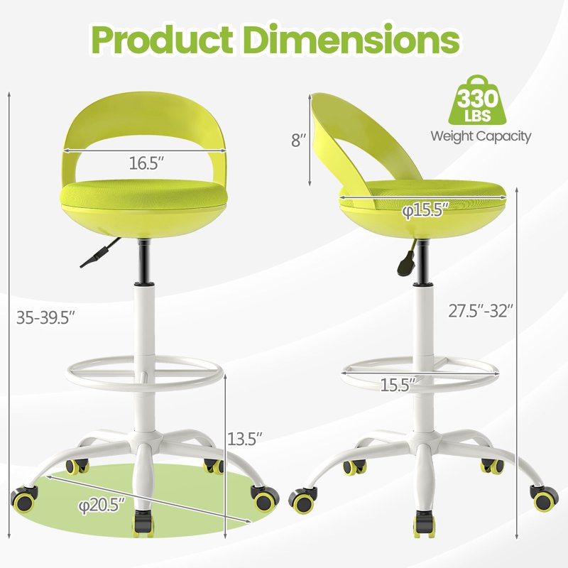 Adjustable Drafting Stool with Wheels Green Ergonomic Office Chair