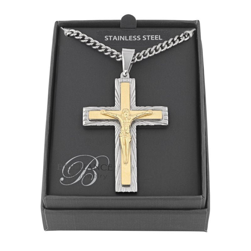Men’s Two-Tone Stainless Steel Crucifix Pendant with 24-Inch Chain