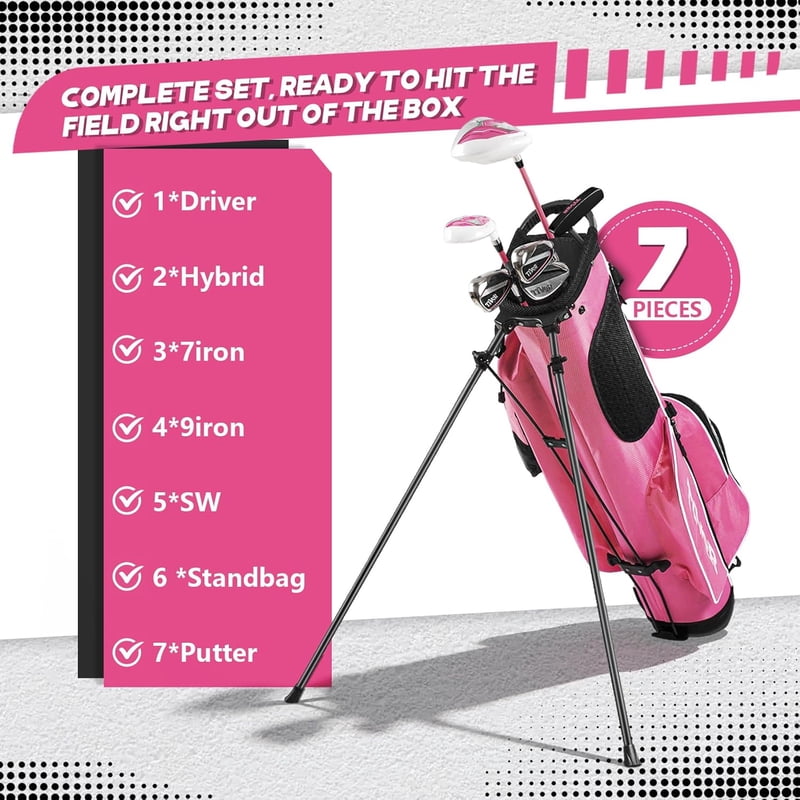 Tivor 6-Piece Golf Club Set for Women Right-Handed - Beginner Complete Set with Driver, Hybrid, 7 Iron, 9 Iron, Sand Wedge, Putter & Stand Bag, Pink
