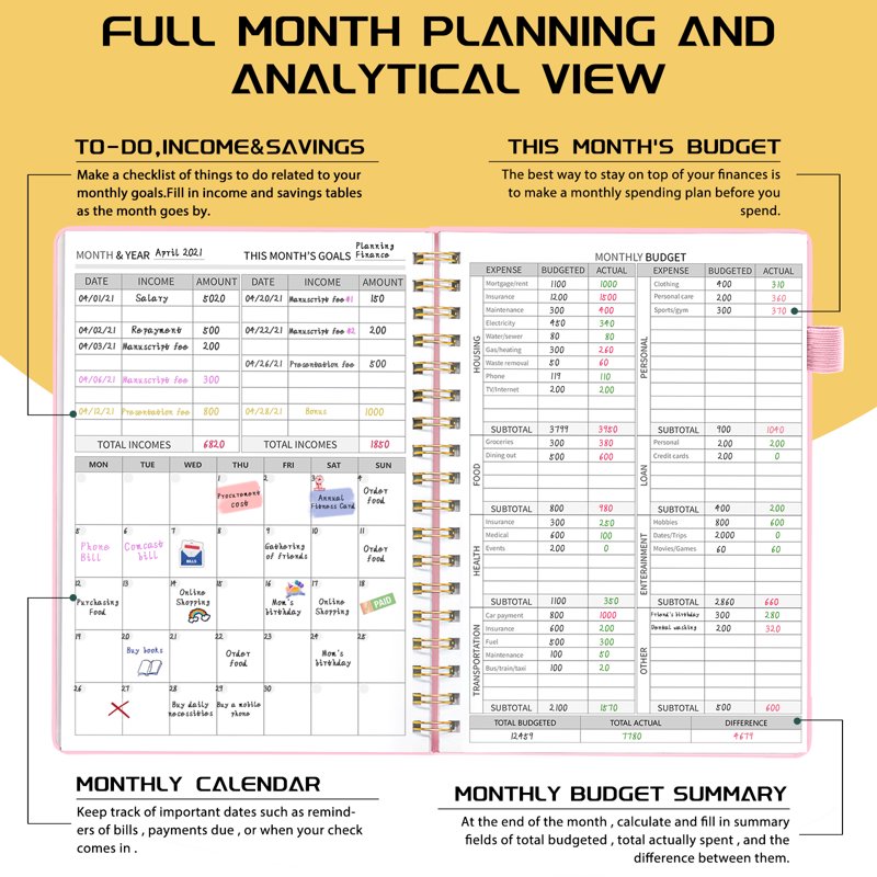 Monthly Budget Planner Notebook - Expense & Bill Organizer, 7x10 Pink