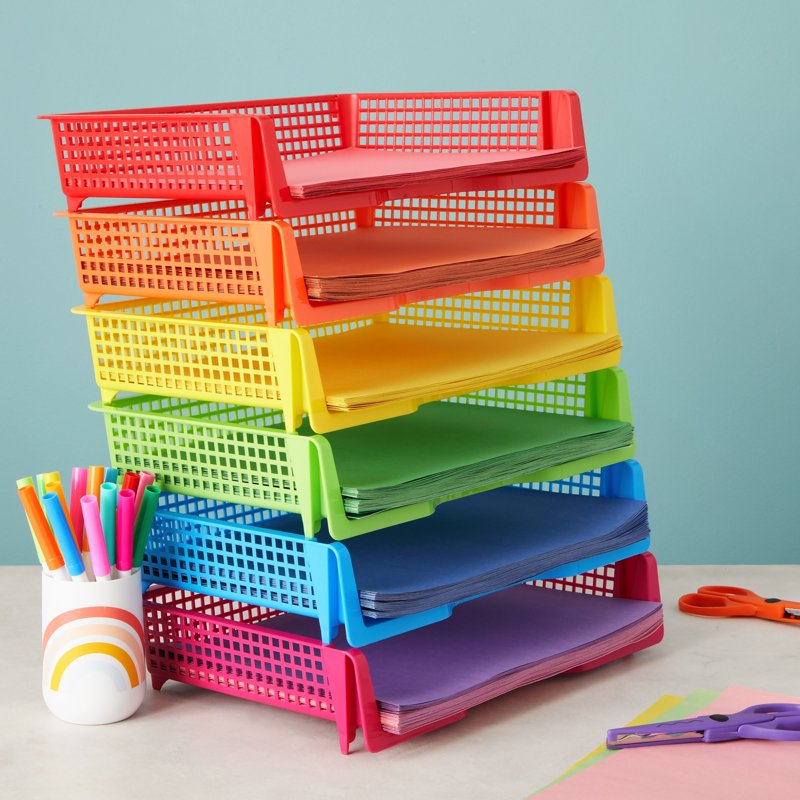 Rainbow Classroom Paper Organizer Trays Set of 6 - Plastic Desk Baskets
