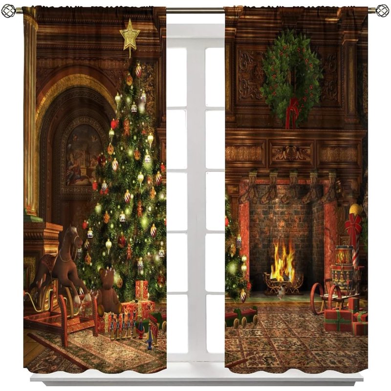 Christmas Curtains 2-Piece Set Holiday Tree & Presents Window Drapes 84x84 Inches