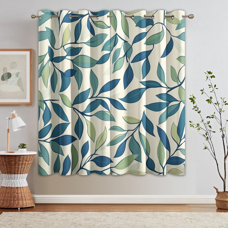 Green Leaf Curtain Set for Bedroom & Living Room – 2 Panels, Blackout Option, Multiple Sizes