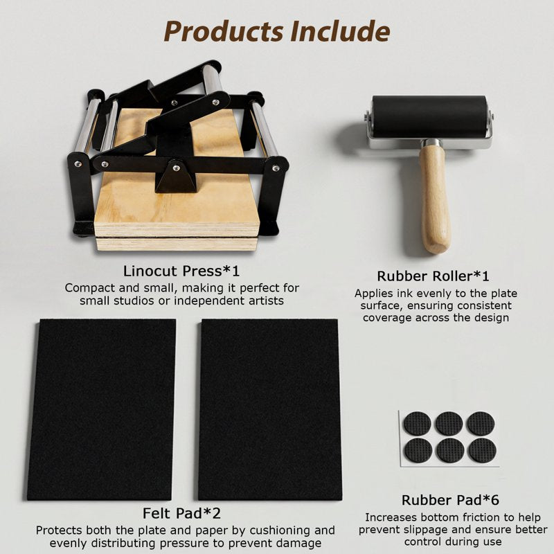 A4 Linocut Printing Press Machine with Rubber Roller & Felt Pads for Art & Craft