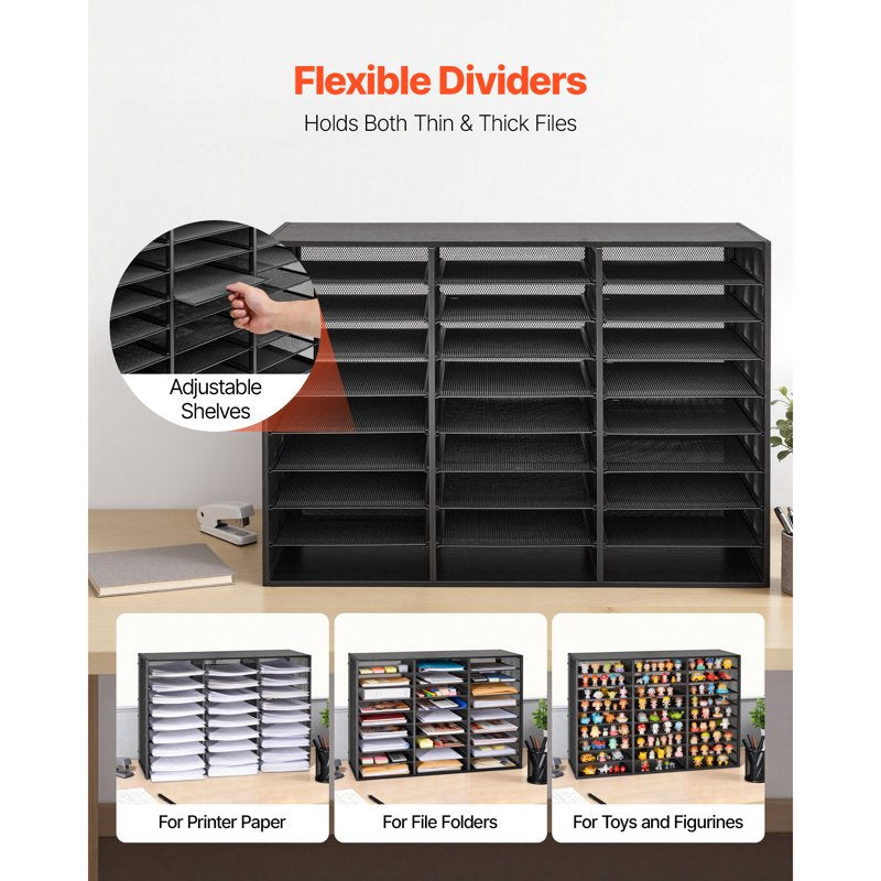 27-Compartment Metal Literature Organizer with Removable Wire Mesh and Wooden Top for Office and Home