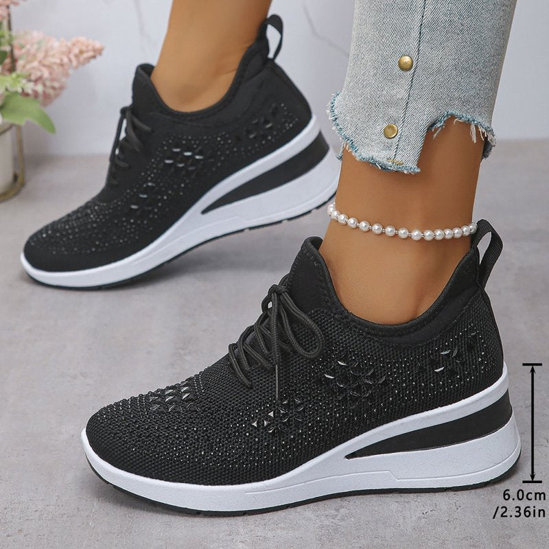 Women’s Sparkly Rhinestone Platform Wedge Sneakers Breathable Mesh Bling Shoes