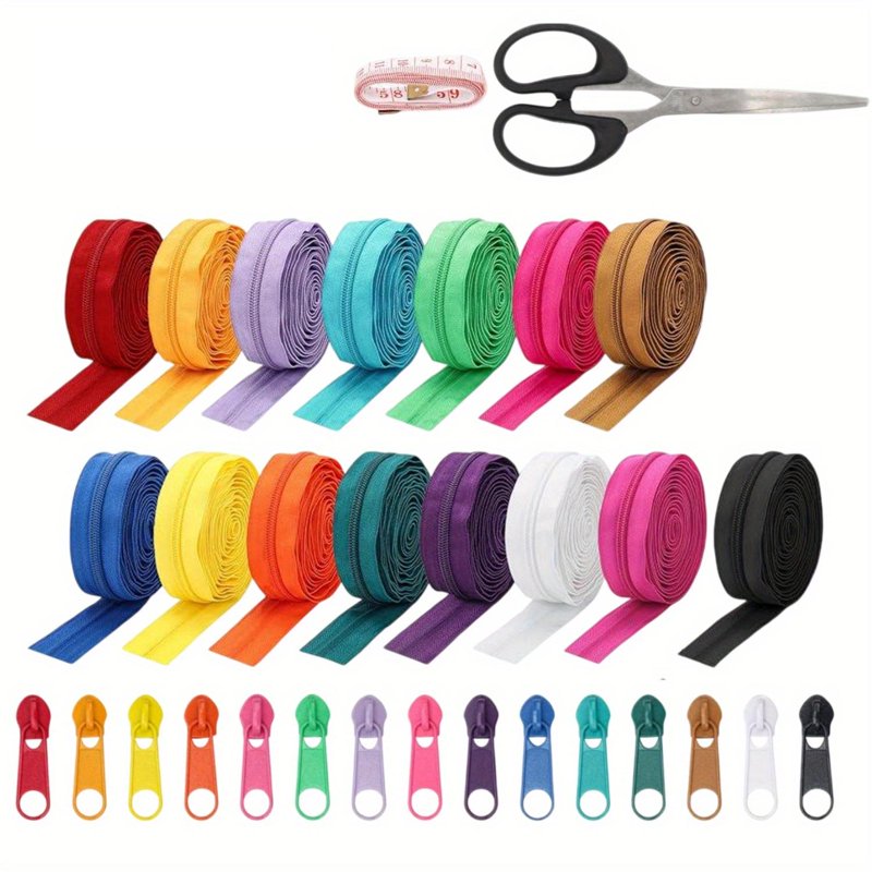 DIY Zipper Kit with 45 Yards of Nylon Coil Zippers in 15 Colors, Includes Pull Heads, Scissors & Ruler