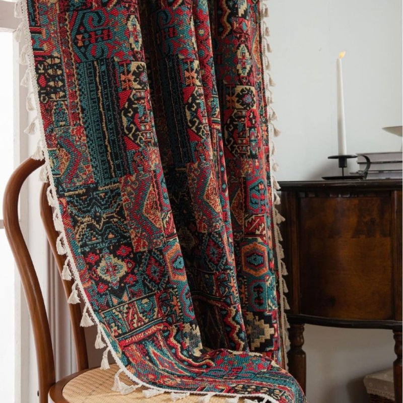 Boho Geometric Pattern Semi-Sheer Curtain Panel with Tassels - Multiple Sizes