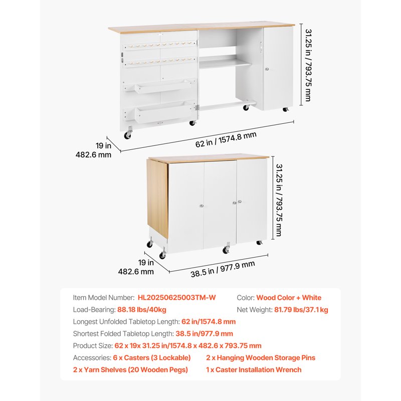 Foldable Sewing Table with Storage, Charging Ports & Wheels - Home Craft Desk