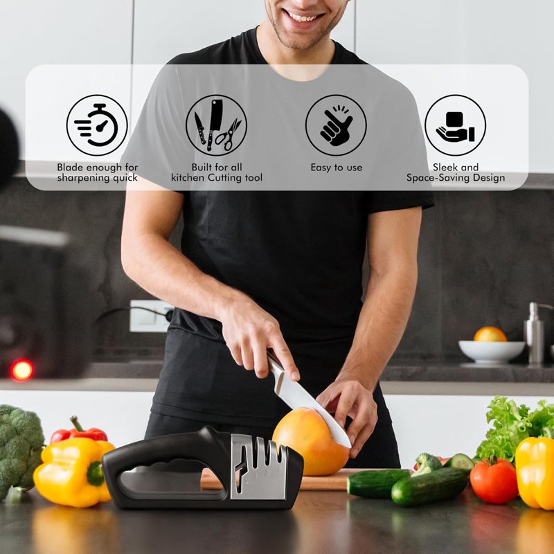 4-in-1 Knife Sharpener – 3-Stage Manual Sharpener with Ceramic Stone, Tungsten Carbide & Diamond Rods