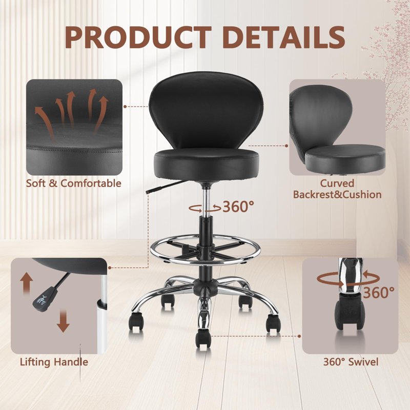 Drafting Chair Rolling Swivel Stool with Back Support & Foot Rest - Adjustable Hydraulic Office & Salon Stool