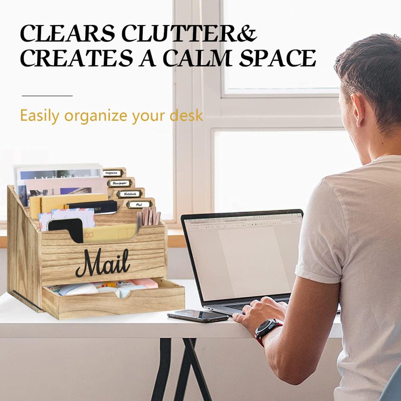 Wood Desktop Mail Organizer with 4 Large Compartments and Drawer – Rustic Office Desk Storage