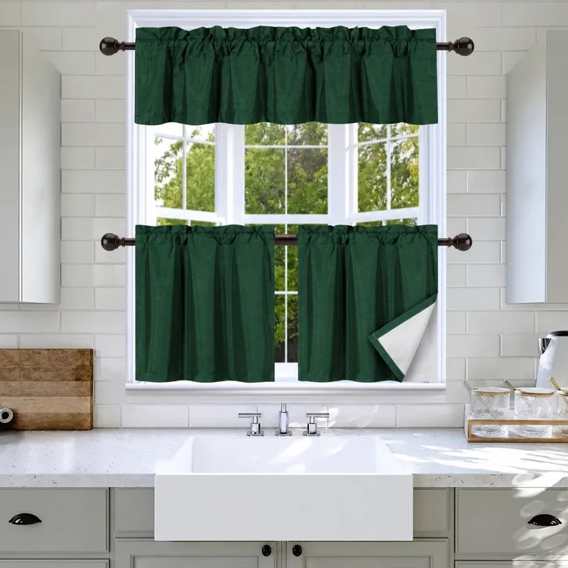 3-Piece Faux Silk Blackout Kitchen Curtain Set - Multiple Colors