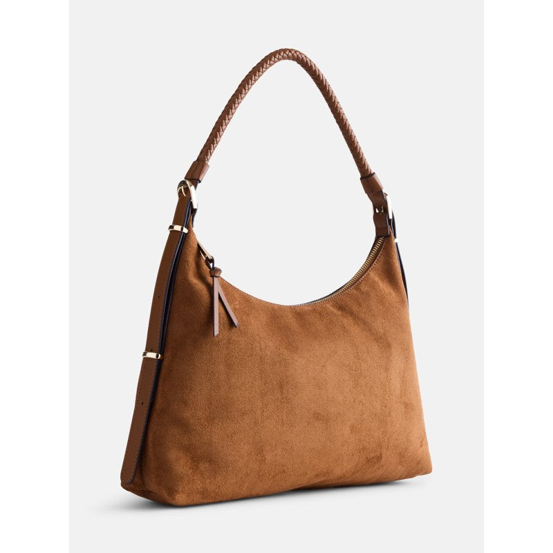 Women's Top Zipper Shoulder Bag - Faux Suede, Adjustable Strap, Spacious