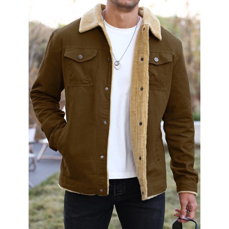 Men's Winter Trucker Jacket - Thick Thermal Fleece Lined Coat with Flap Pockets, Brown, 2XL
