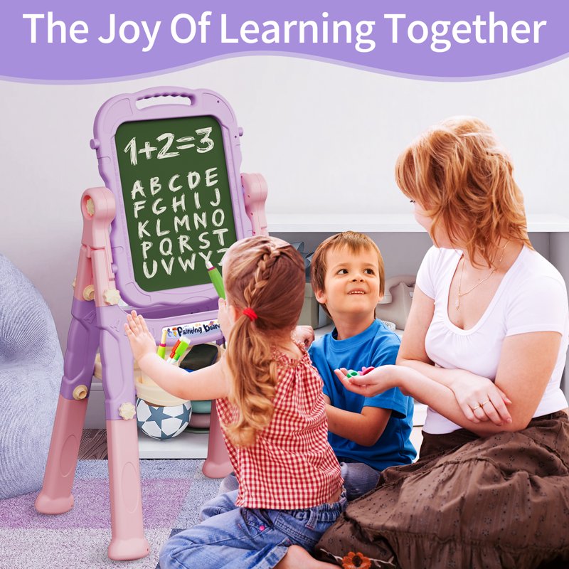 Kids Adjustable Double-Sided Art Easel with Chair, Whiteboard & Chalkboard Set