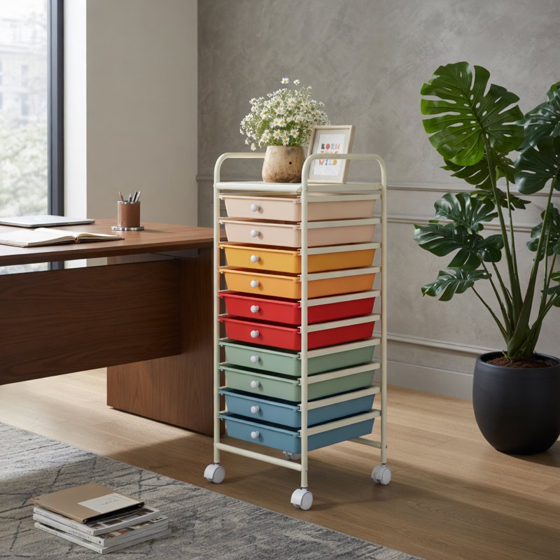 10-Drawer Rolling Storage Cart with Casters for Home & Office, Multicolor