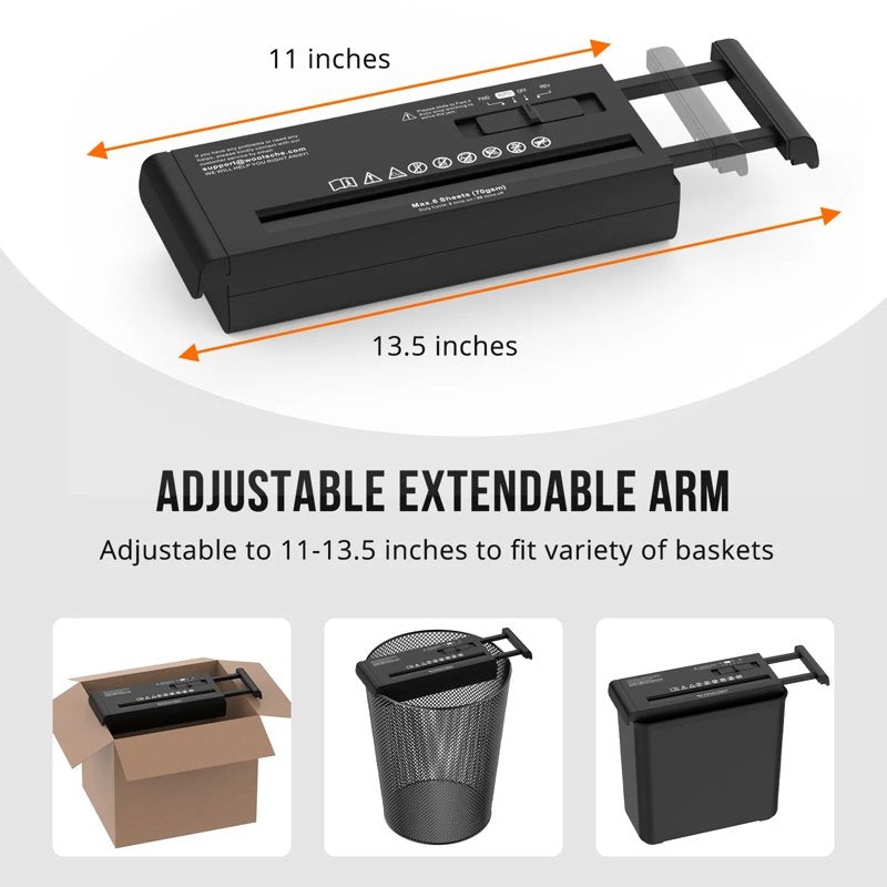 Portable 6-Sheet Strip Cut Paper Shredder with Extendable Support Arm - Jam Proof, Overheat Protection, Compact Home Office Use