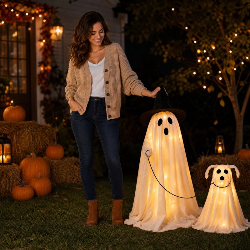 Halloween Outdoor Decor Set with LED Wizard Ghost and Ghost Dog Figurines - Lighted Spooky Scene
