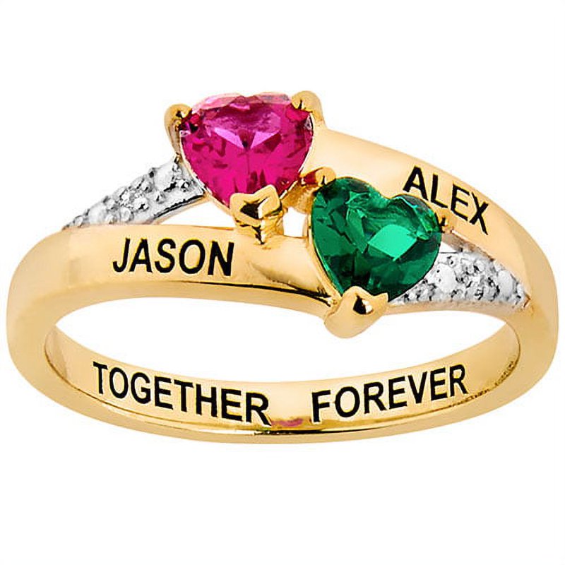 Couple's Birthstone Heart Ring with Diamond Accents - 14K Gold over Sterling