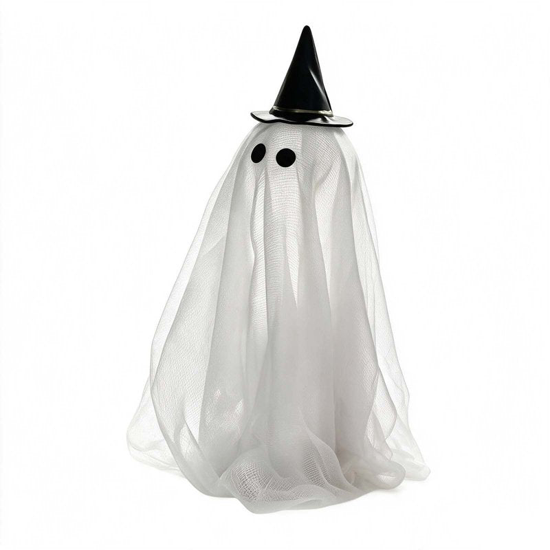 Lighted Ghost Halloween Decorations Set of 5 Gauze Figurines with Witch Hats