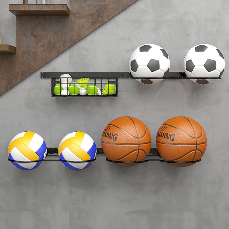 Wall-Mounted & Floor Standing Sports Ball Rack Organizer with Adjustable Hooks