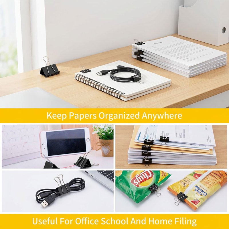 Heavy Duty Binder Clips Set 200 Pieces in 6 Sizes for Office & Home Organization