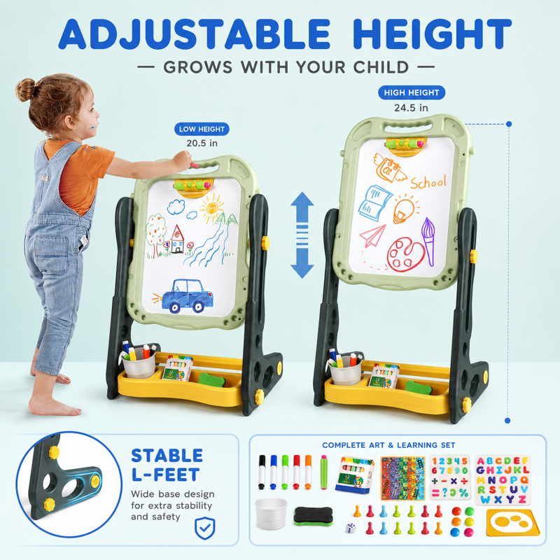 Kids Double Sided Magnetic Drawing & Learning Easel - Adjustable Height Art Board for Toddlers 2-6 Years
