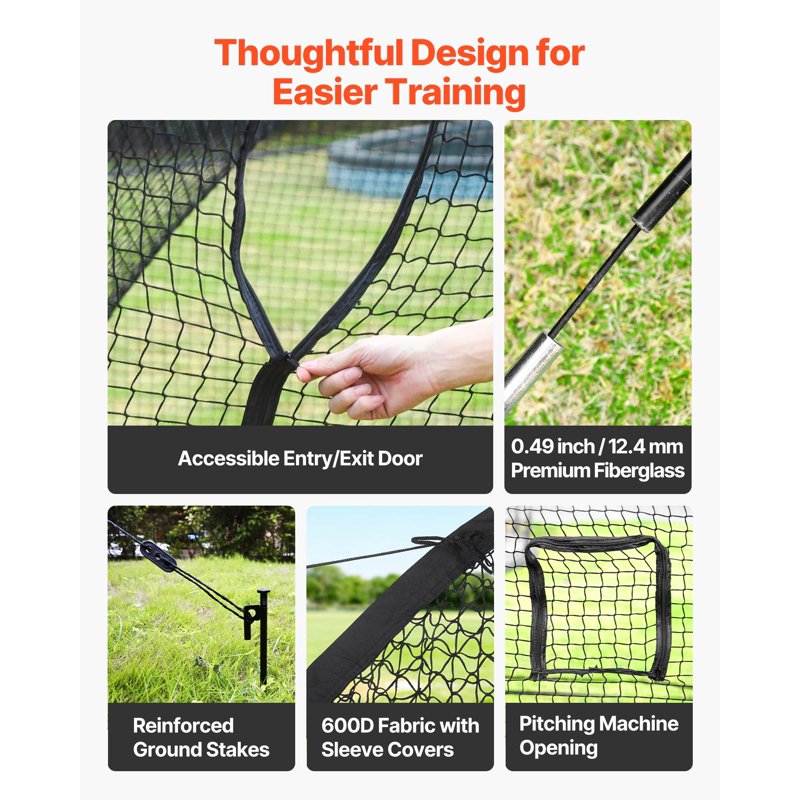 Portable Baseball Batting Cage 22x12 FT with Reinforced Frame & Pitching Machine Opening