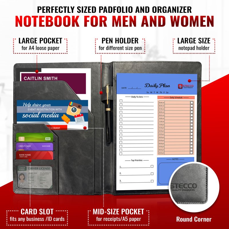Leather Portfolio with Notepad and Card Slots - Black Professional Padfolio