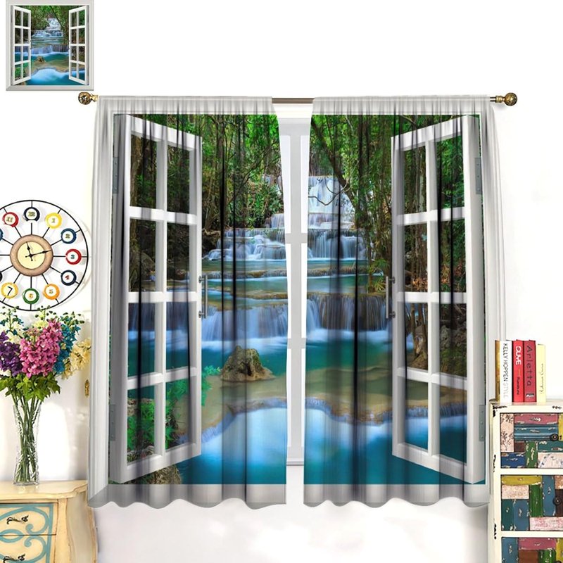 Waterfall Forest Landscape Curtain Sets for Bedroom & Living Room - Rustic Farmhouse Style, 84x84 Inches