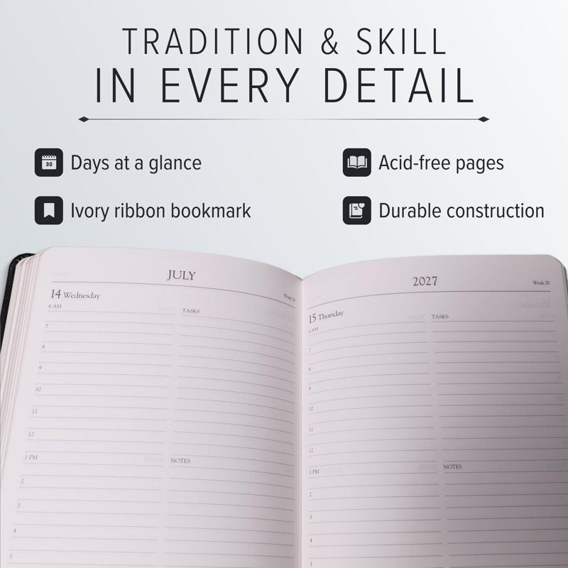 Leather Daily Planner 2027 - 12-Month Organizer & Notebook with Gold Edges