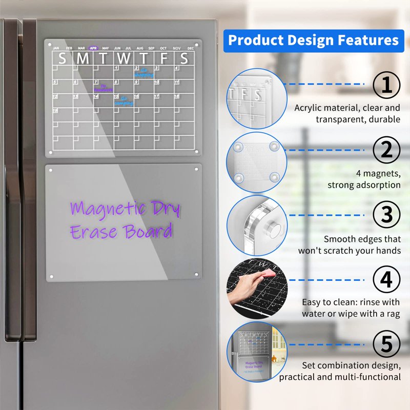 Magnetic Acrylic Dry Erase Calendar for Refrigerator - 16x12, Includes Markers