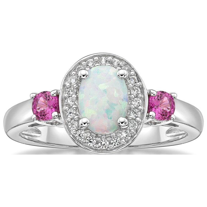 Sterling Silver Oval Lab Created Opal Ring with Pink & White Sapphires