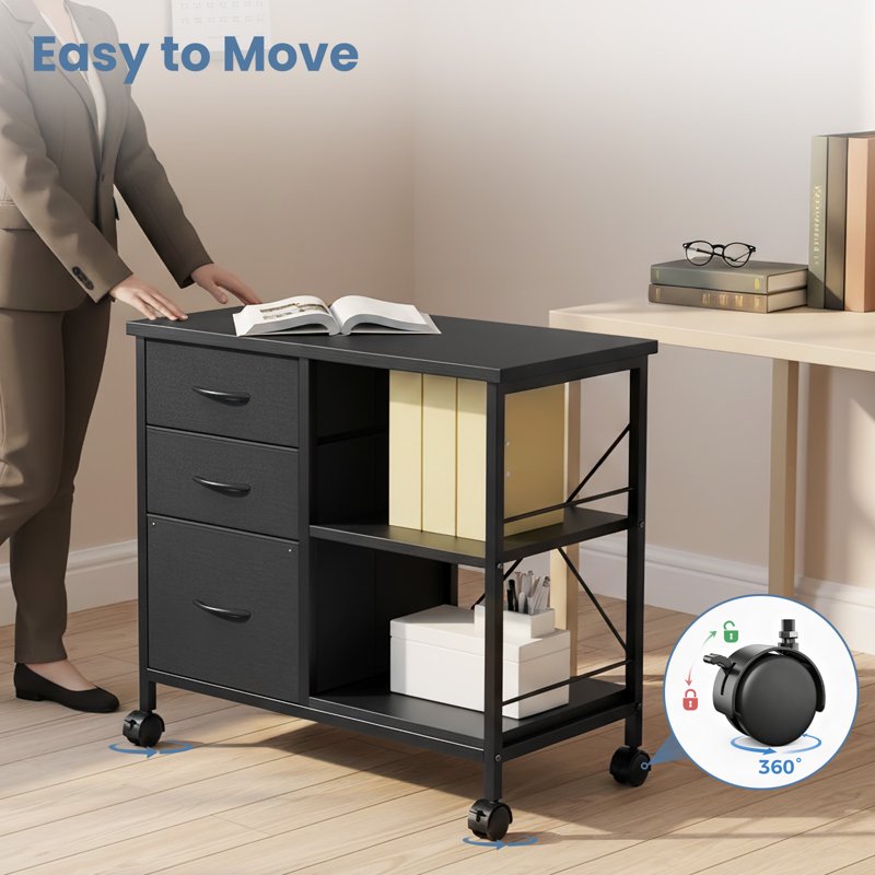 3-Drawer Mobile File Cabinet with Open Shelf for Home Office - Black