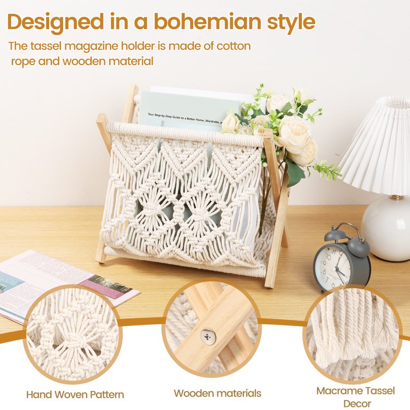 Bohemian Macrame Magazine Rack - Foldable Stand for Living Room Storage