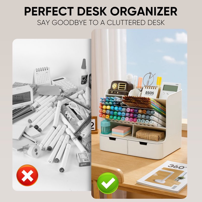 Tall Plastic Desk Organizer with Drawers & Compartments - Office & Home Storage