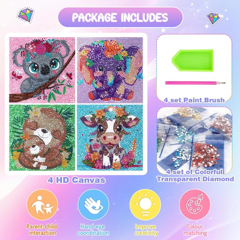 Kids Diamond Painting Kits - 4 Animal-Themed Art Sets for Children Ages 4-12