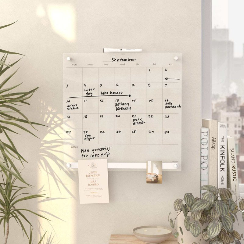 Acrylic Dry Erase Monthly Calendar Board 16x16 with Magnetic Bulletin Bar