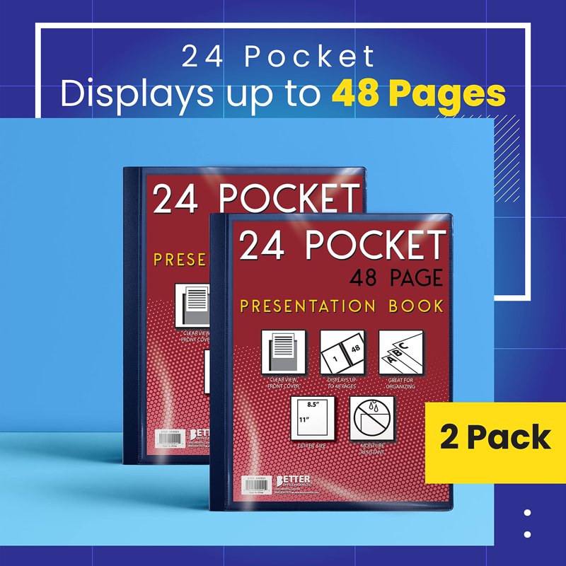 Blue 24-Pocket Presentation Book with Clear View Front Cover - 48 Sheet Pages, Durable Poly Cover