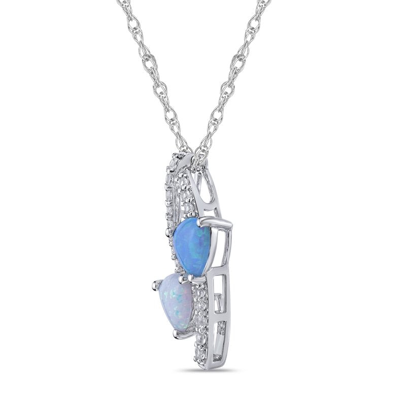 Sterling Silver Double Bypass Heart Pendant with Blue & White Opal and Sapphire Accents - 18" Chain