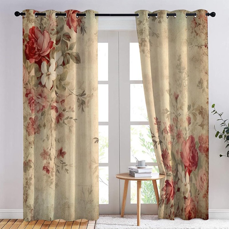 Vintage Floral Blackout Curtains - Rustic Country Style Thermal Insulated Drapes for Bedroom & Living Room - Pack of 2