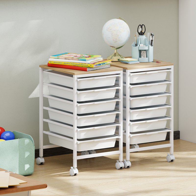 6-Drawer Rolling Storage Cart with Wooden Top and Lockable Wheels for Office or Home Organization